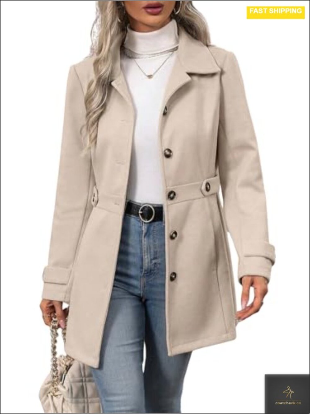 Women's Wool Blend Pea Coat Notched Lapel Long Sleeve Button Closure Slim Fit